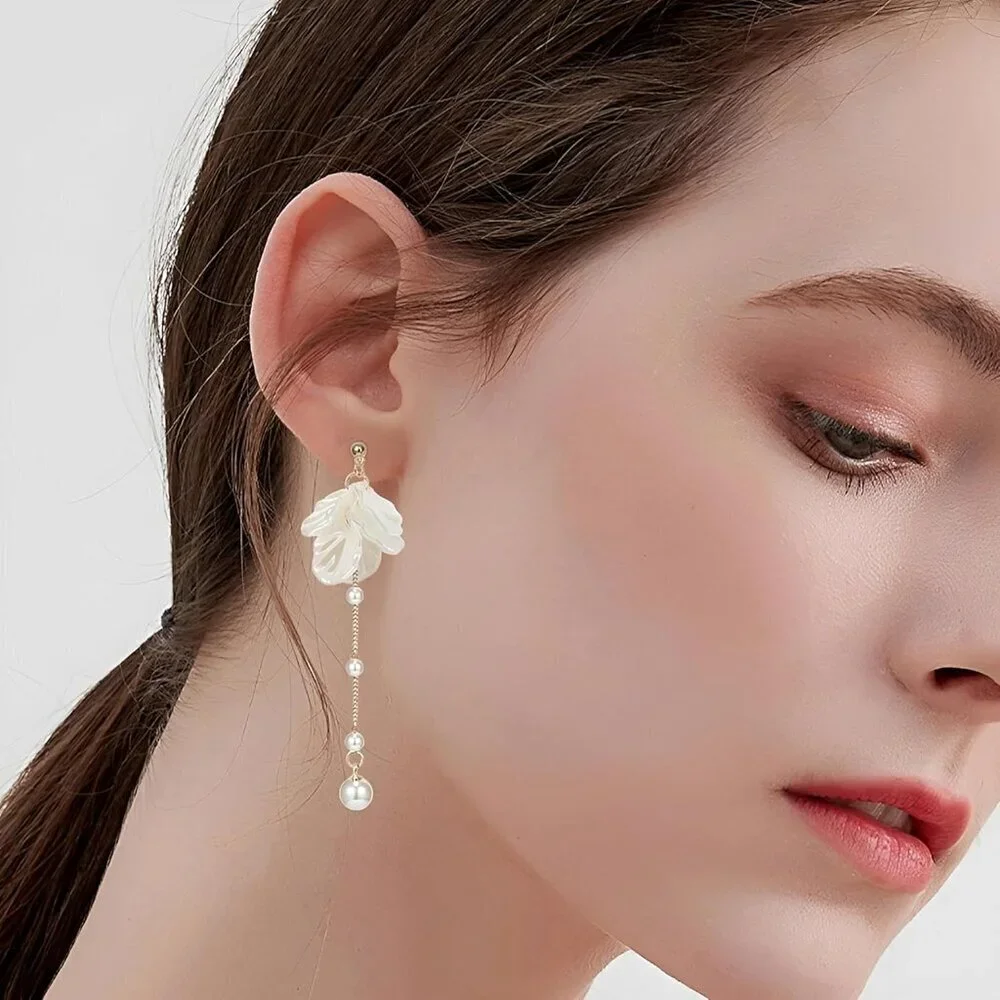 Pearl Flower Dangle Earrings Faux Pearls Beach Wedding Drop Jewelry